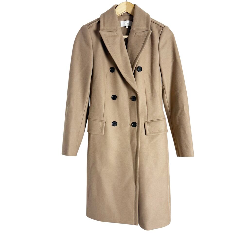 Reiss Camel Tan Wool l Double Breasted Long Coat Size 2